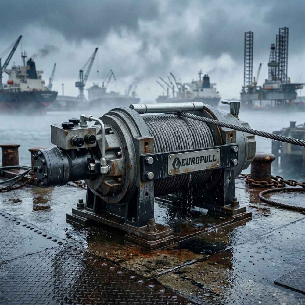 Europull HWV 15000 hydraulic winch operating on dockside at a shipyard